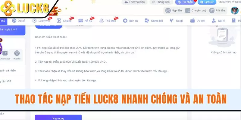 Thao tác nạp tiền LUCK8 nhanh chóng và an toàn